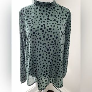 SHEIN Green and black dots long sleeve blouse with ruffled neck size L